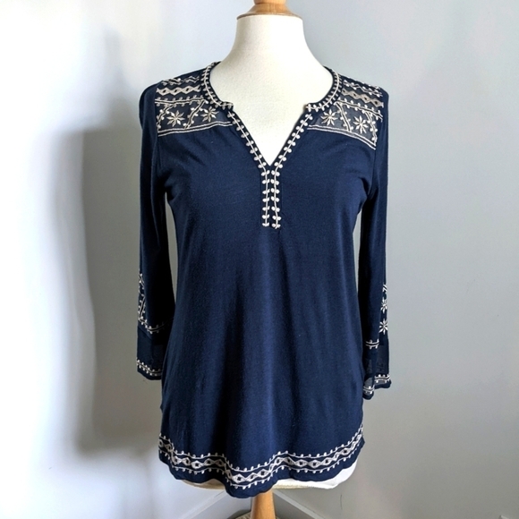 𝅺lucky Brand Navy Blue Tunic Tee Shirt S Western Embroidery - Picture 4 of 13